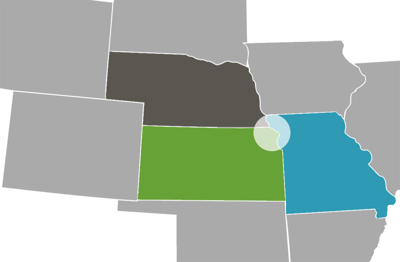Missouri, Kansas and Nebraska map with 50 mile radius around Troy, Kansas highlighted